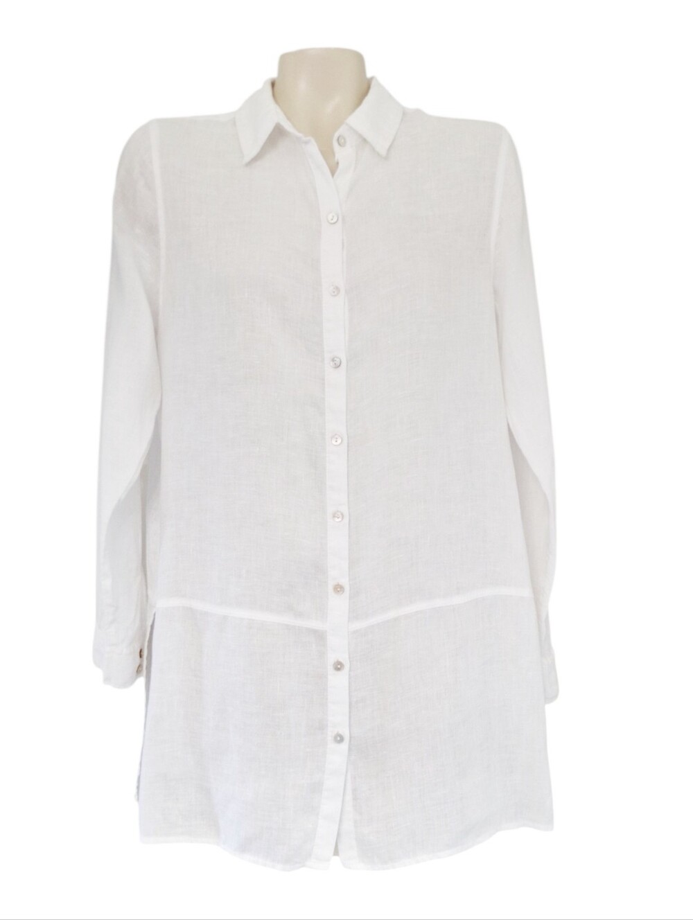 Tahari White Linen Tunic Shirt Medium Roll Tab Sleeves Button Front M - Picture 2 of 7